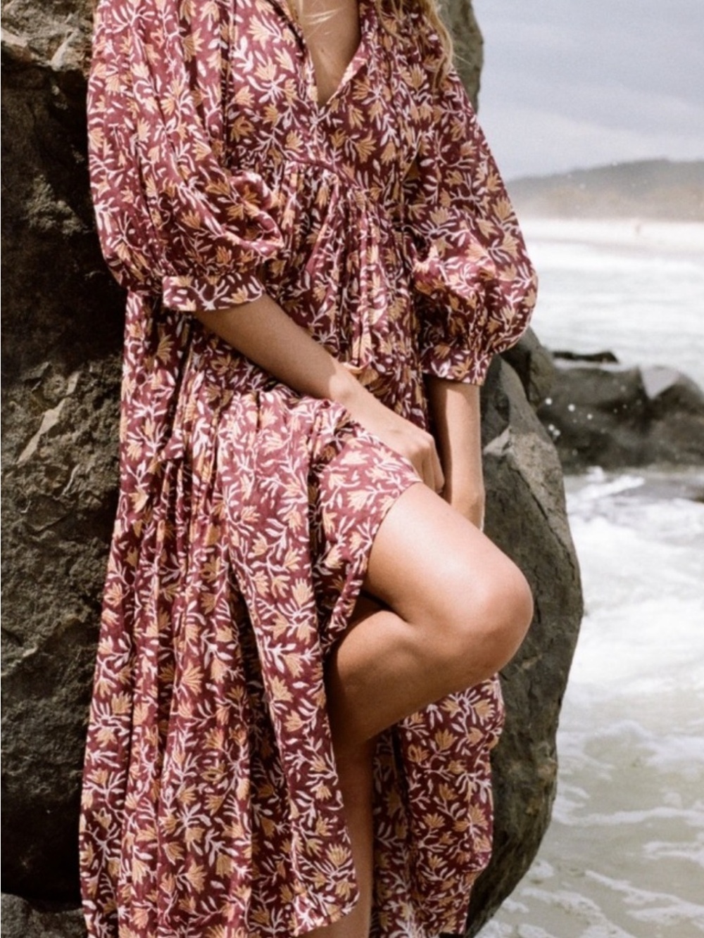 Medium -Floral Puff-Sleeve Midi Dress in Mauve Pink